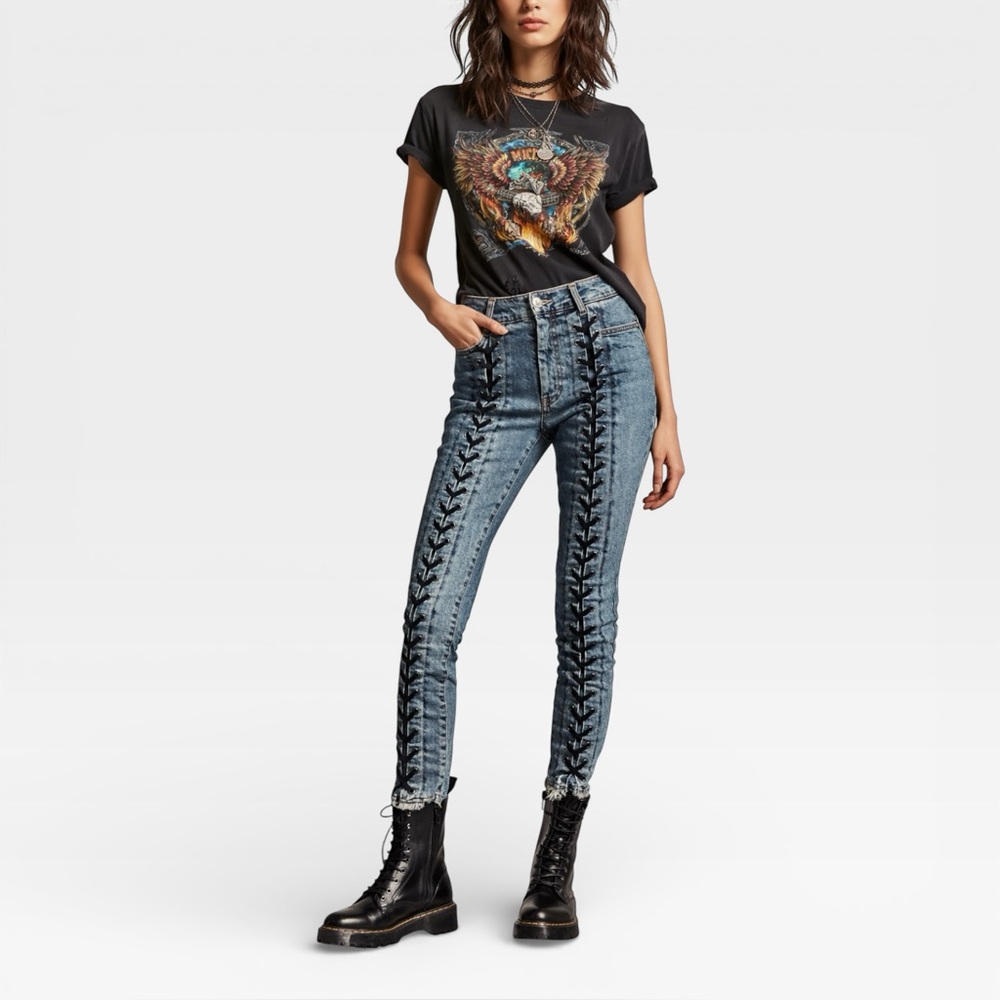 & Other Stories Lace Up Front Jeans Blue High Rise Skinny 28‎ Punk Moto